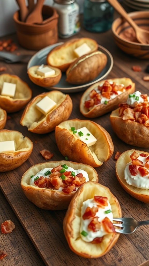 Baked potatoes on a rustic table, topped with butter, chives, sour cream, and bacon.